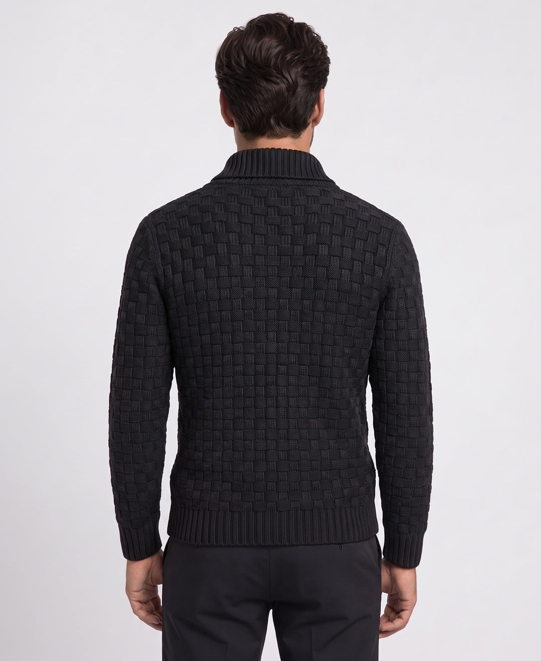 Men's chunky shawl-collar knit sweater in black, back view