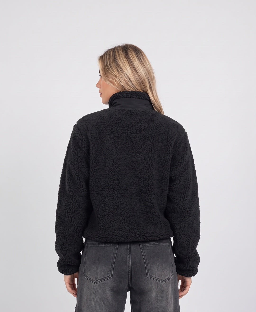 Women's teddy fleece zip jacket in black, back view