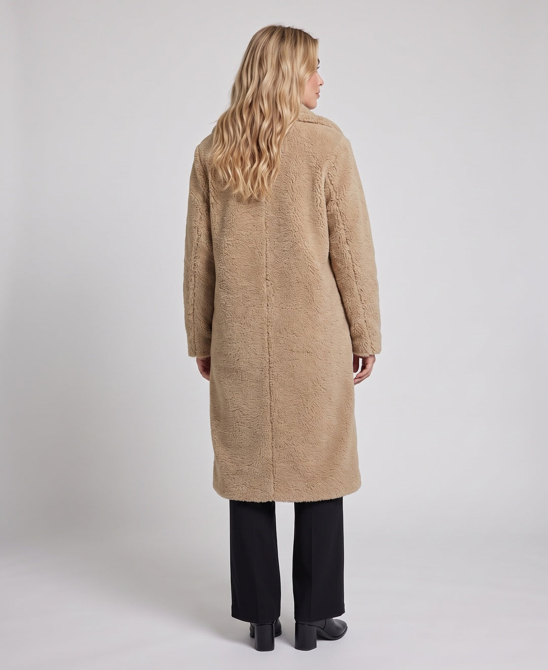 Women's teddy faux fur longline coat in khaki, back view