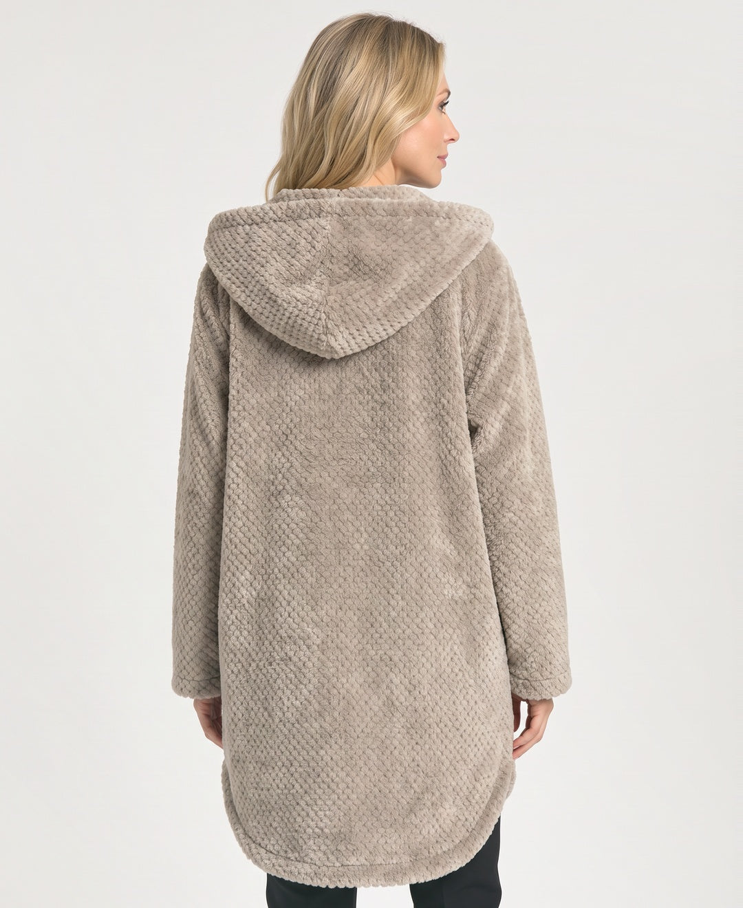 Hooded Waffle Fleece Teddy Coat Snap Buttons Curved Hem beige back view