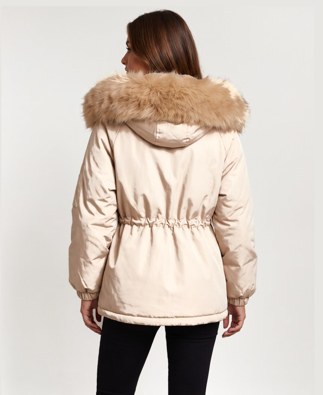 Women's faux fur lined hooded parka in beige, back view