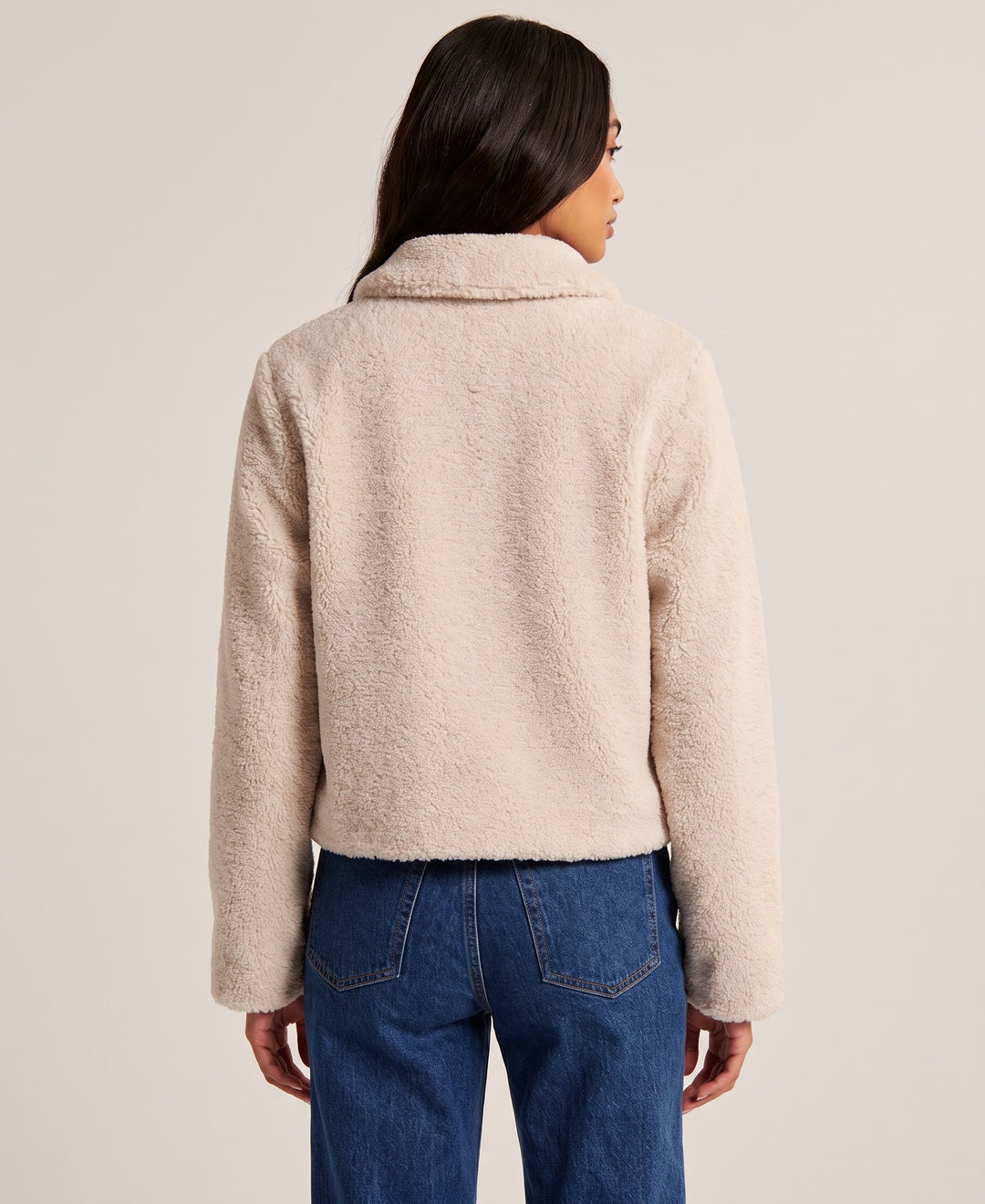 Cropped teddy jacket in beige, back view