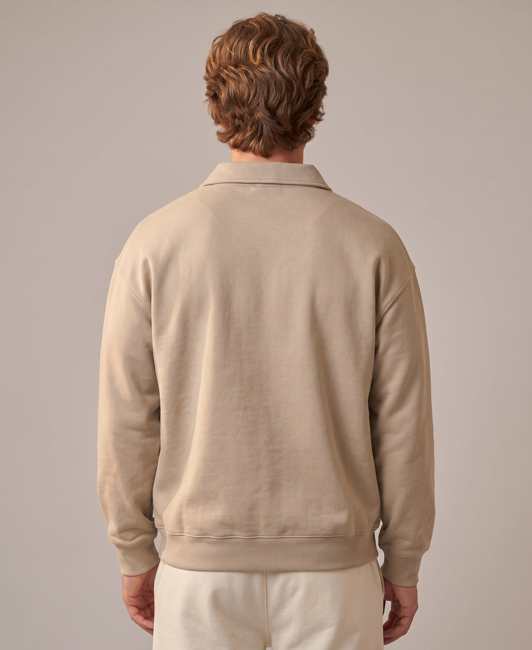 Men's beige collared sweatshirt, back view