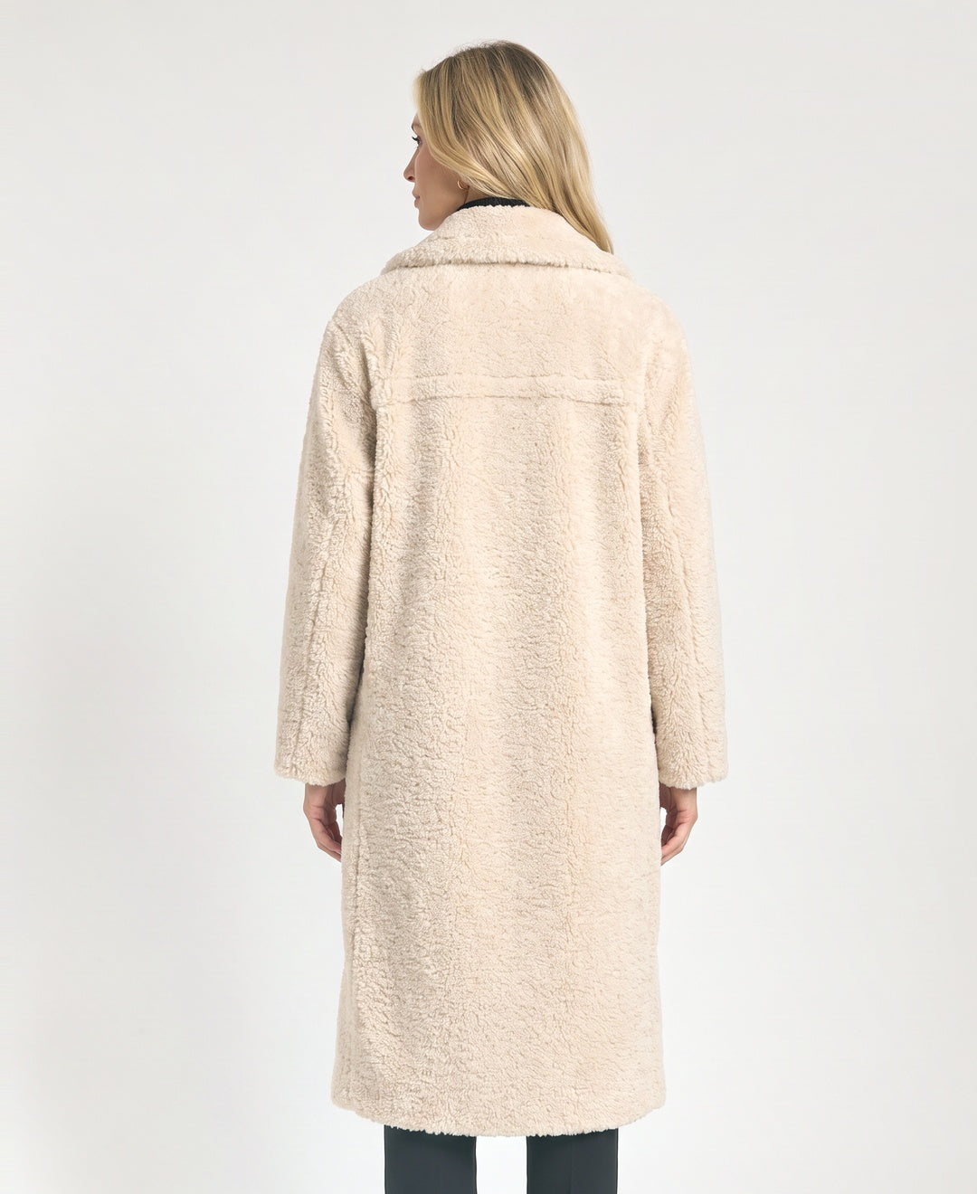Long Double Breasted Teddy Coat Notch Lapels beige back view
