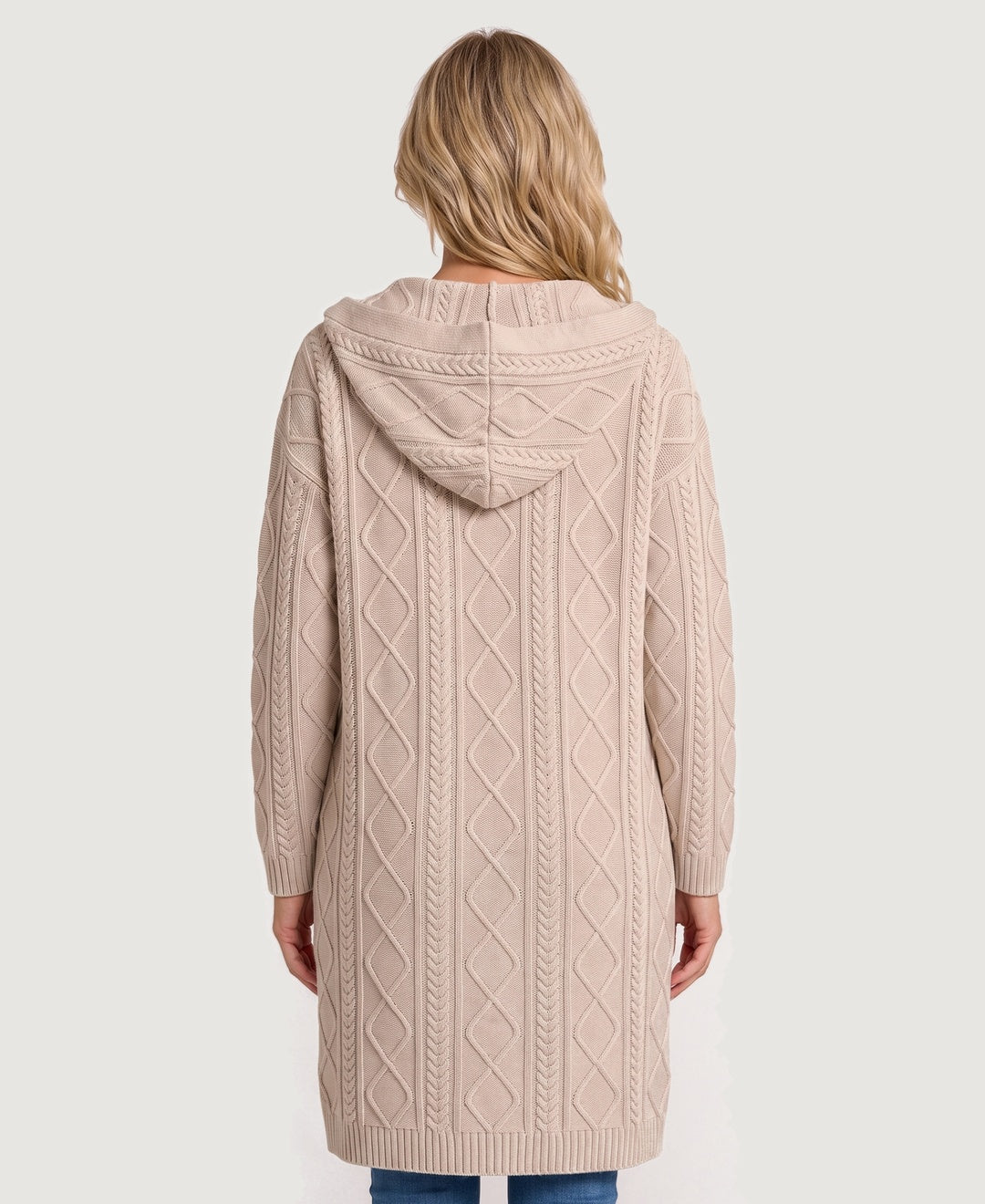 Long Hooded Cable Knit Cardigan Coat beige back view