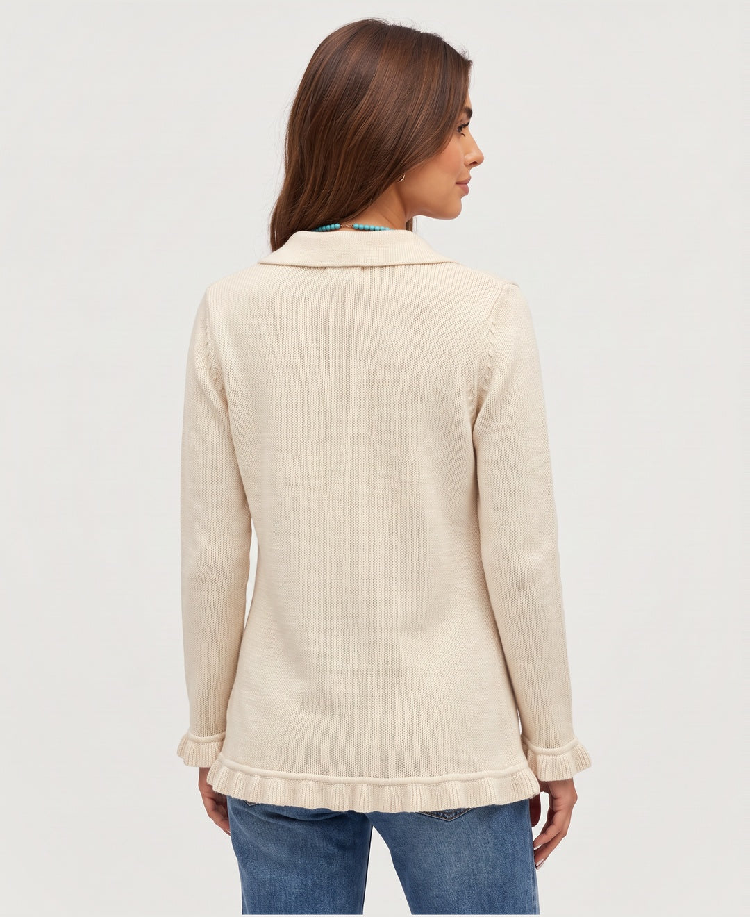 Women's collared ruffle trim knit cardigan with double buttons in beige, back view