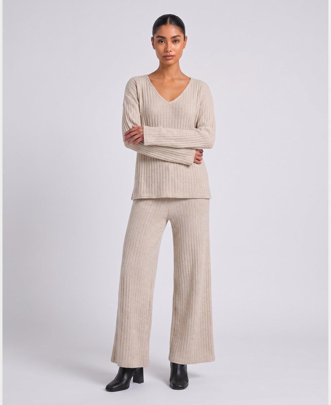 Elise Ribbed Knit Set in Beige, front view
