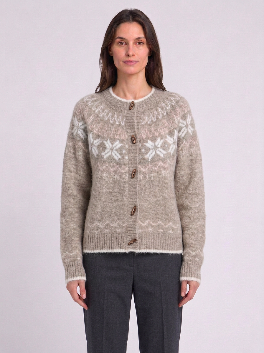 Snowflake Fair Isle Toggle Button Cardigan, beige Fair Isle snowflake cardigan, front view