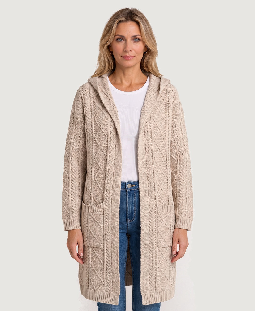 Long Hooded Cable Knit Cardigan Coat beige front view