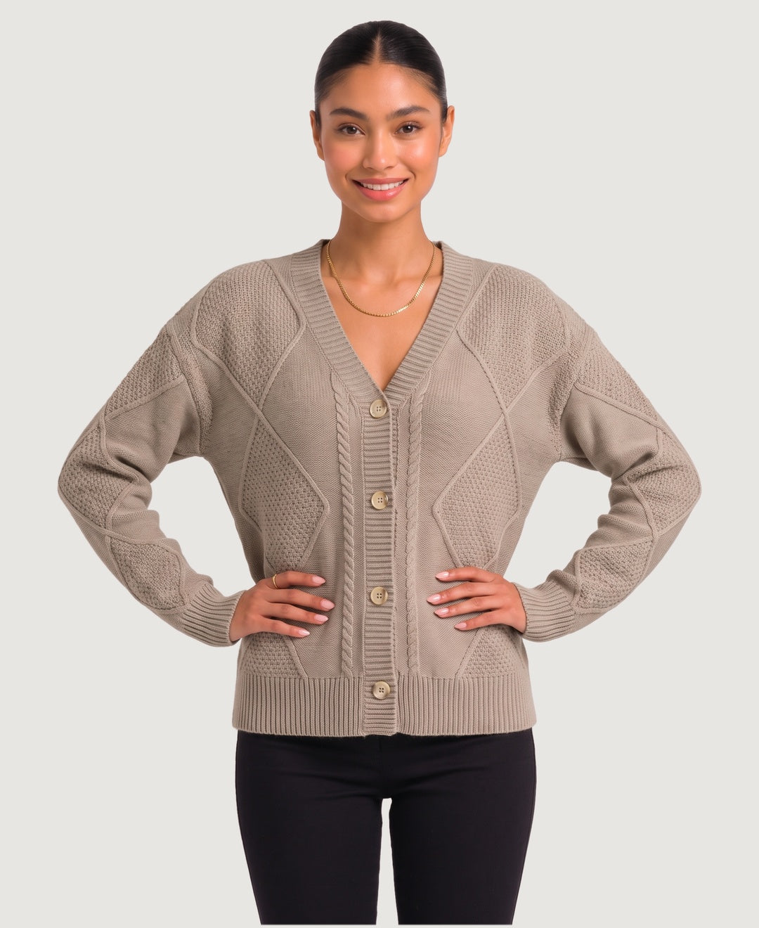 Women's diamond cable knit V-neck button cardigan in beige, front view