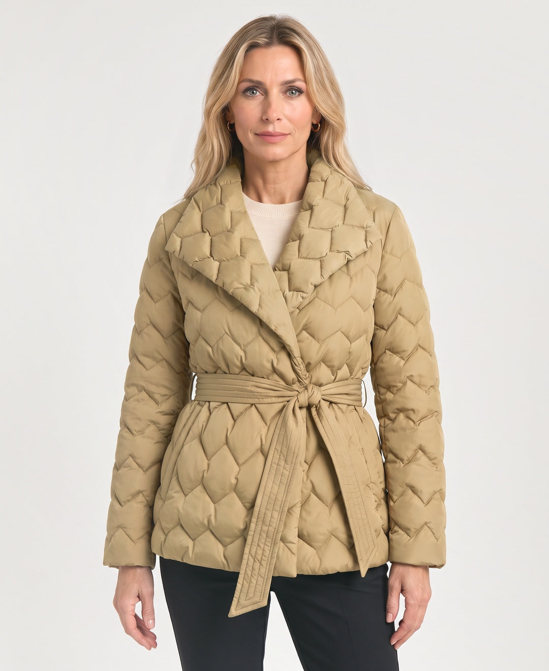 Belted Quilted Jacket Shawl Collar Chevron Quilting beige front view