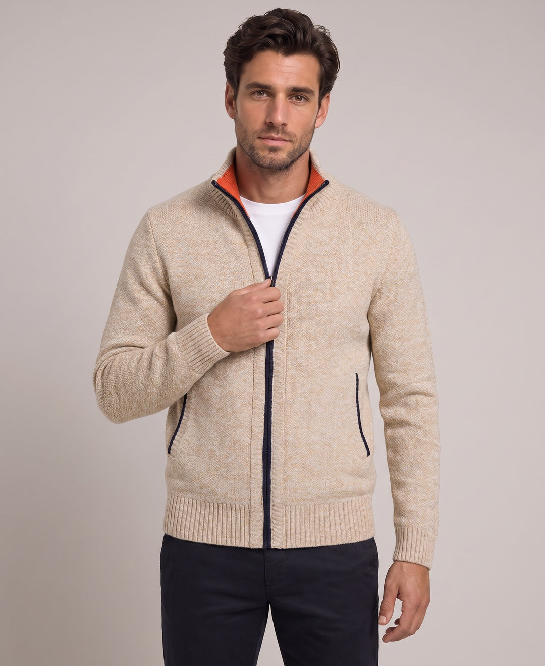 Men's beige zip cardigan, front view