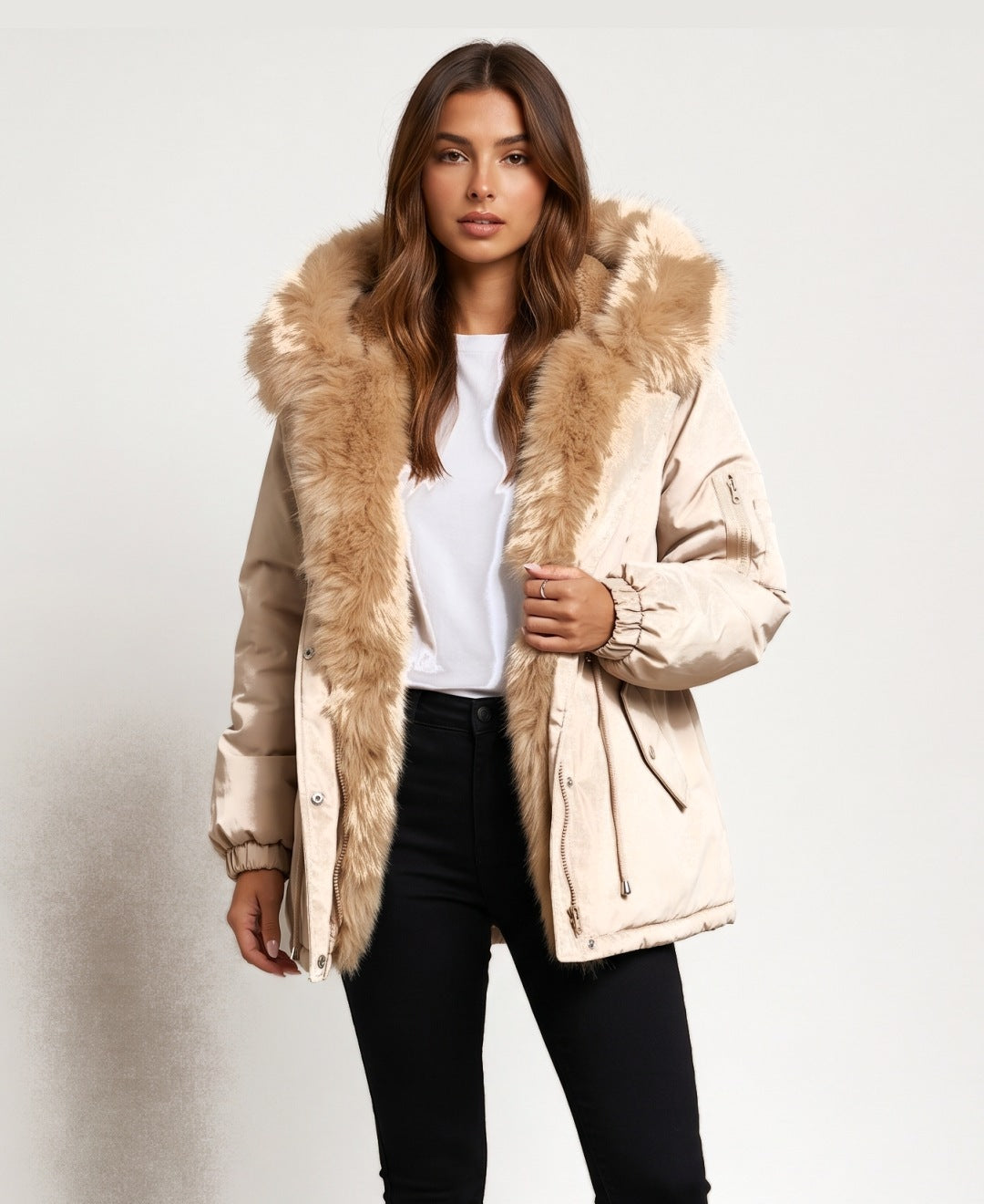 Women's faux fur lined hooded parka in beige, front view