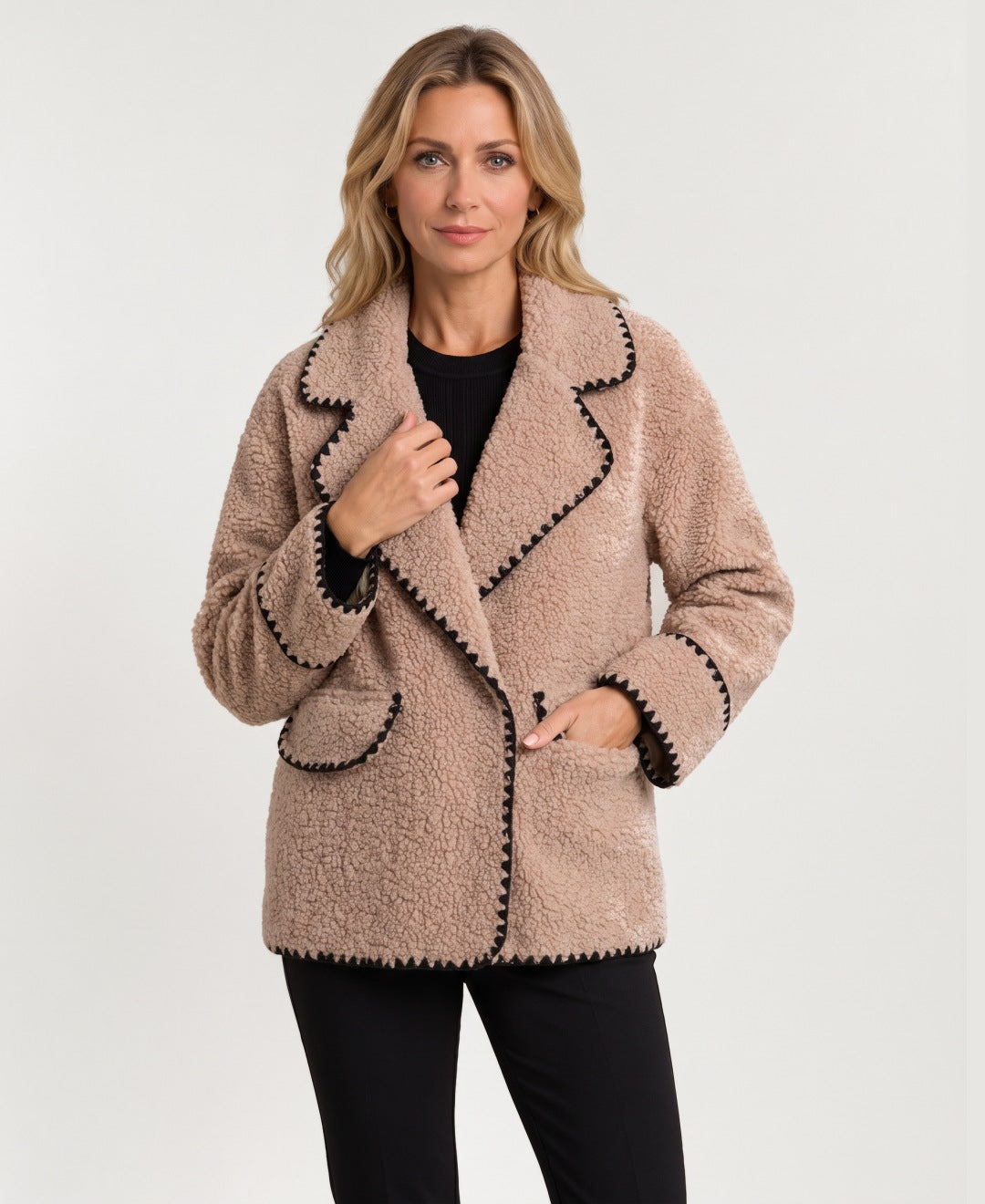 Women's teddy fleece jacket beige front view