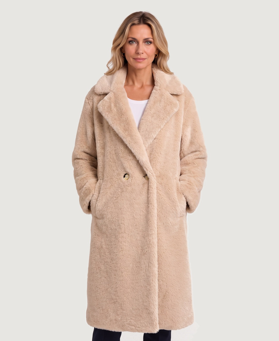 Long Teddy Fleece Coat Double Breasted beige front view