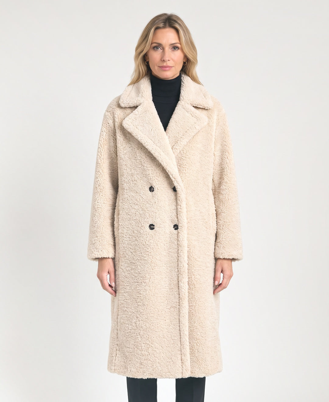 Long Double Breasted Teddy Coat Notch Lapels beige front view
