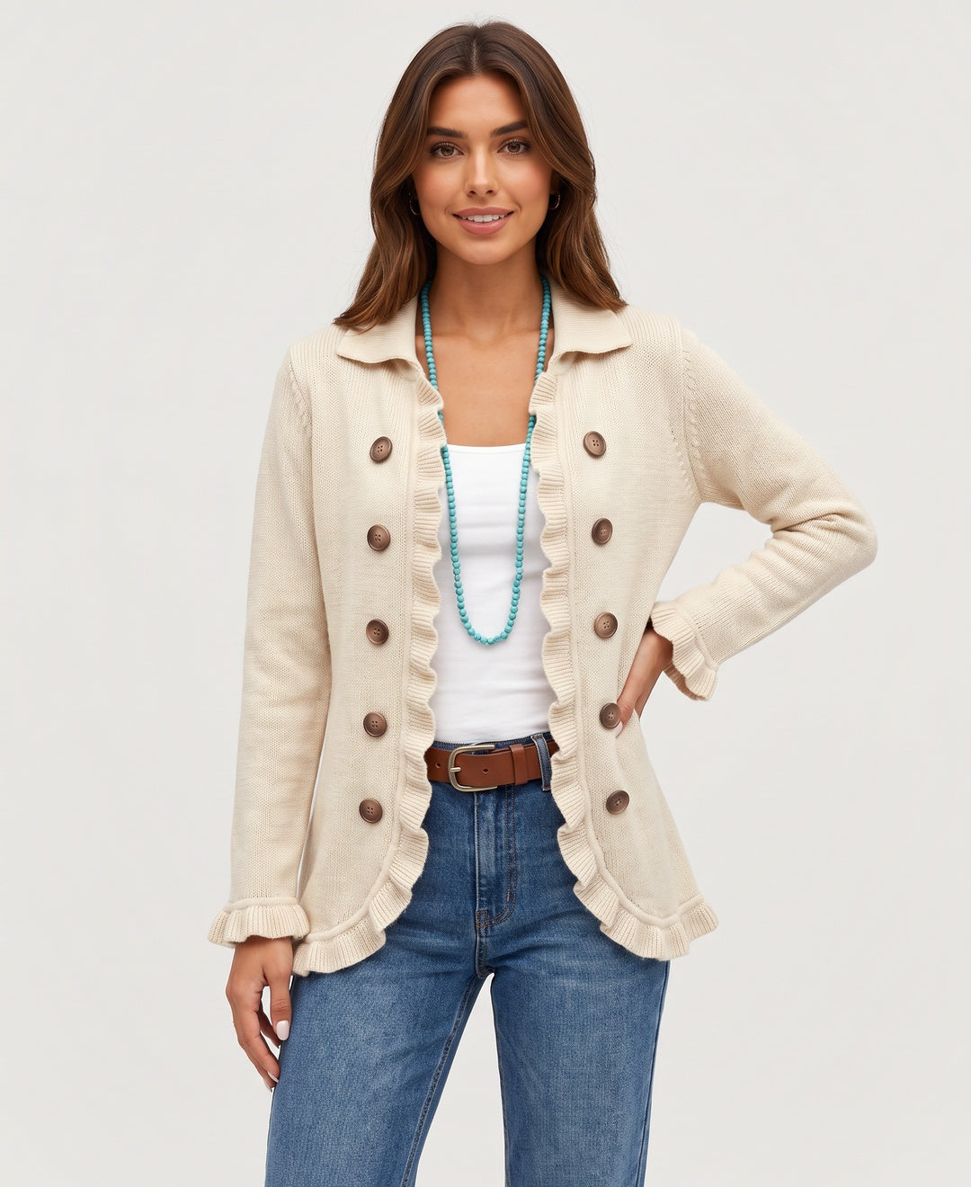 Women's collared ruffle trim knit cardigan with double buttons in beige, front view