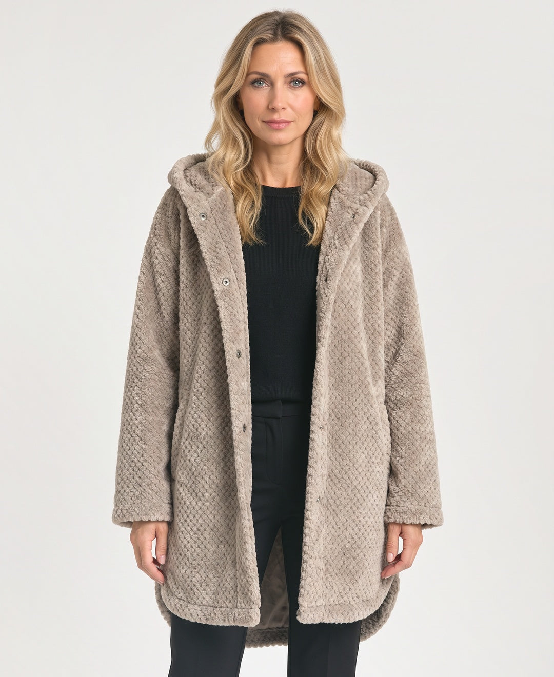 Hooded Waffle Fleece Teddy Coat Snap Buttons Curved Hem beige front view