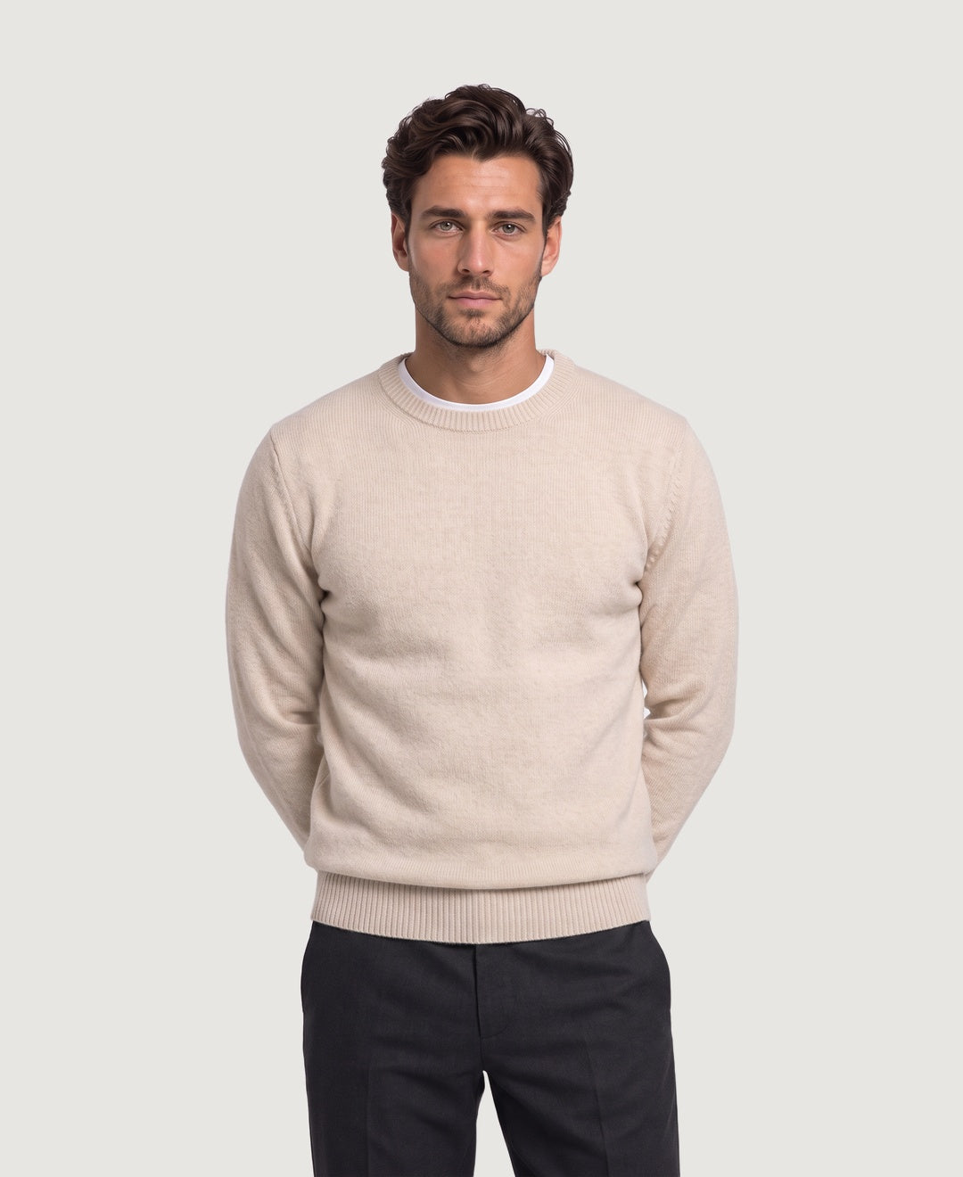 Men's soft knit crew neck jumper in beige, front view