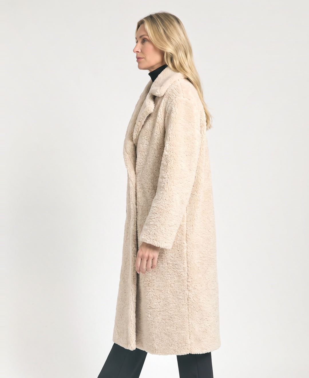Long Double Breasted Teddy Coat Notch Lapels beige side view