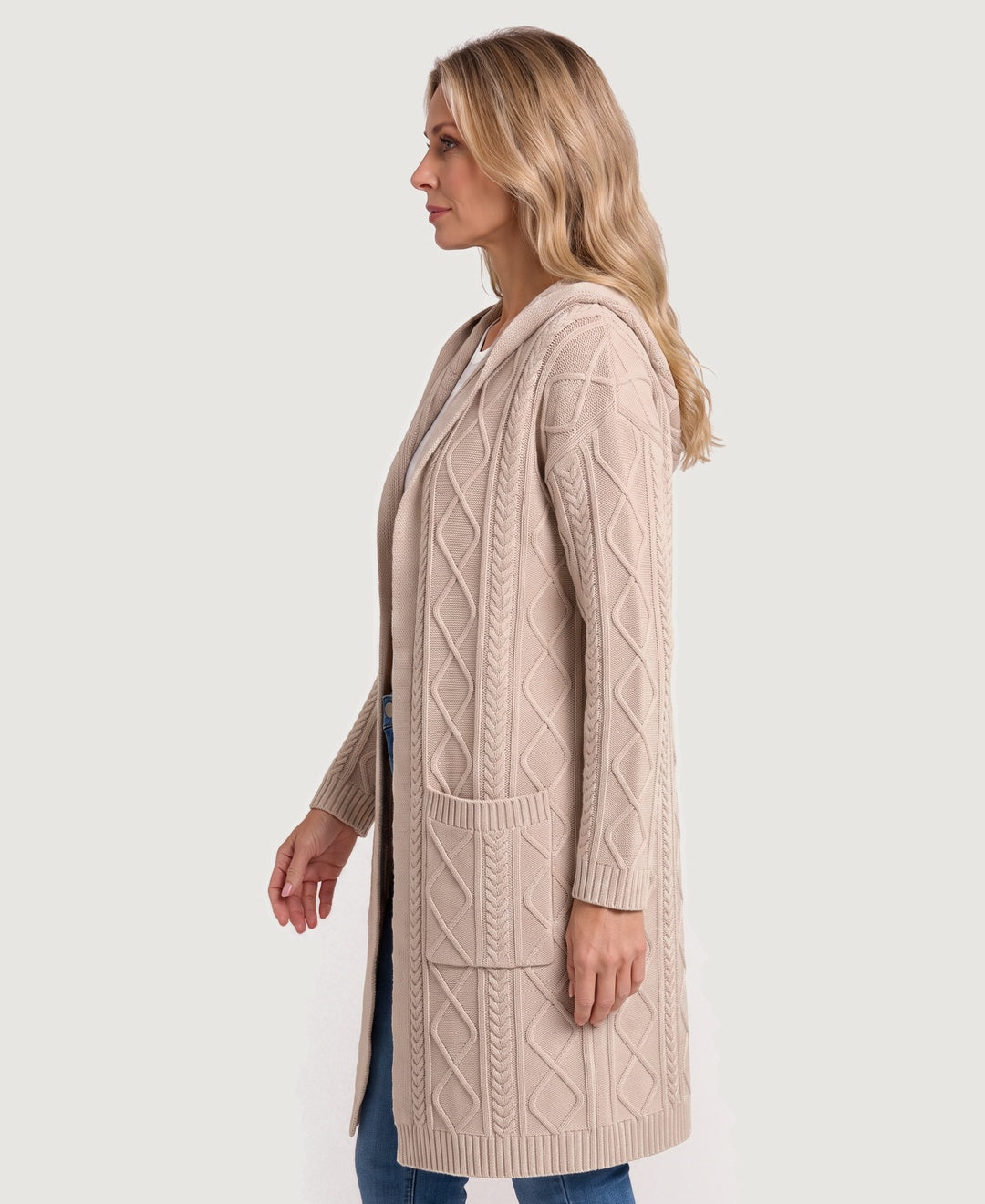 Long Hooded Cable Knit Cardigan Coat beige side view