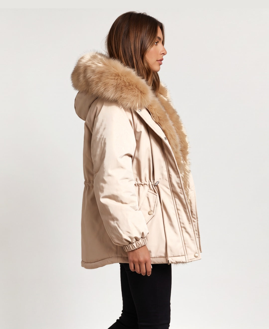 Women's faux fur lined hooded parka in beige, side view