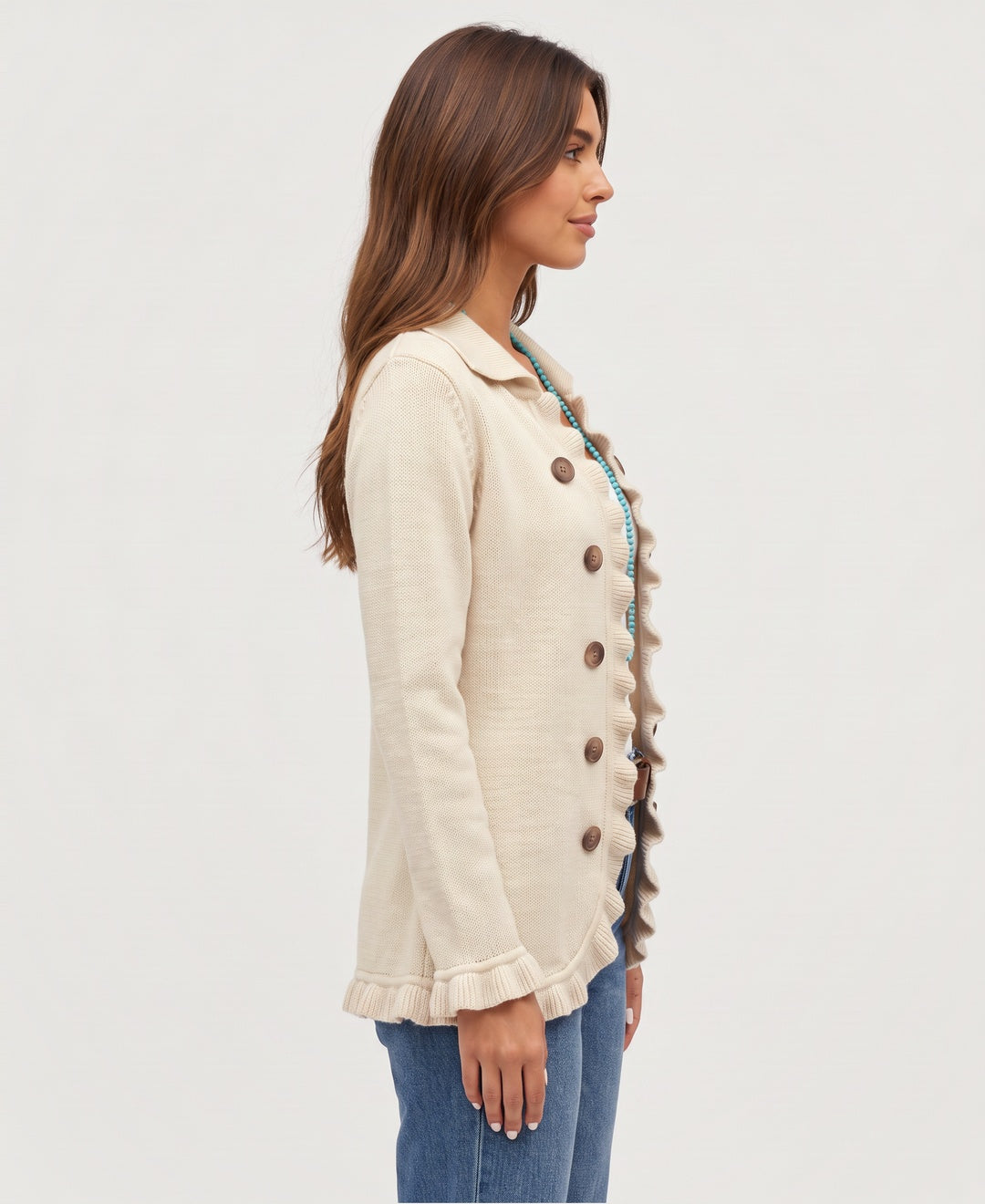 Women's collared ruffle trim knit cardigan with double buttons in beige, side view