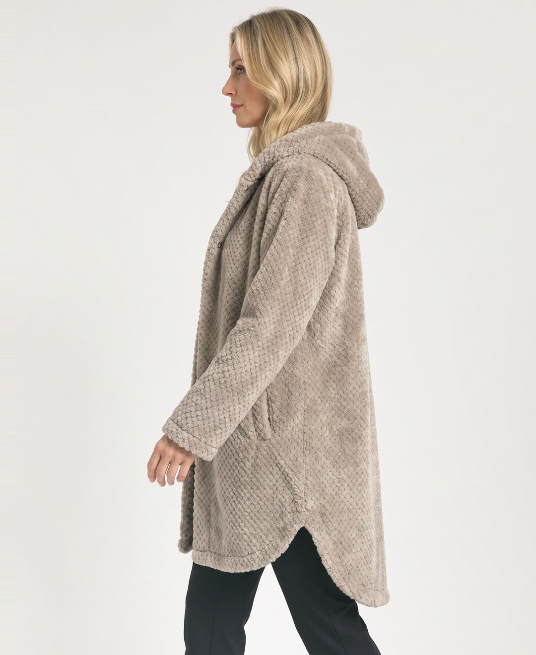 Hooded Waffle Fleece Teddy Coat Snap Buttons Curved Hem beige side view