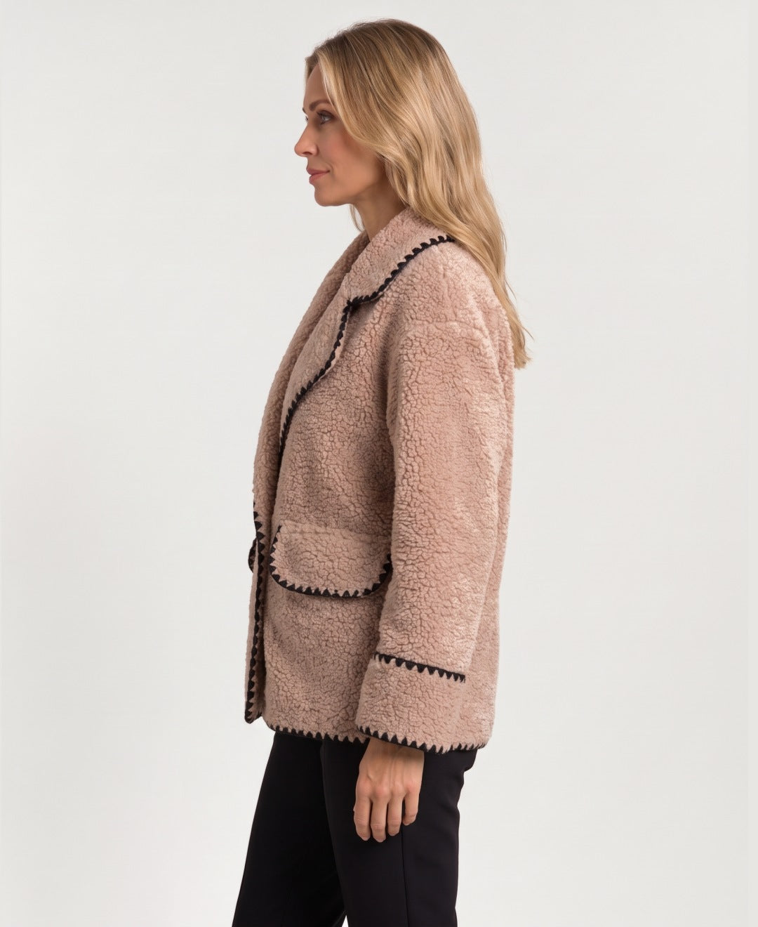 Women's teddy fleece jacket beige side view