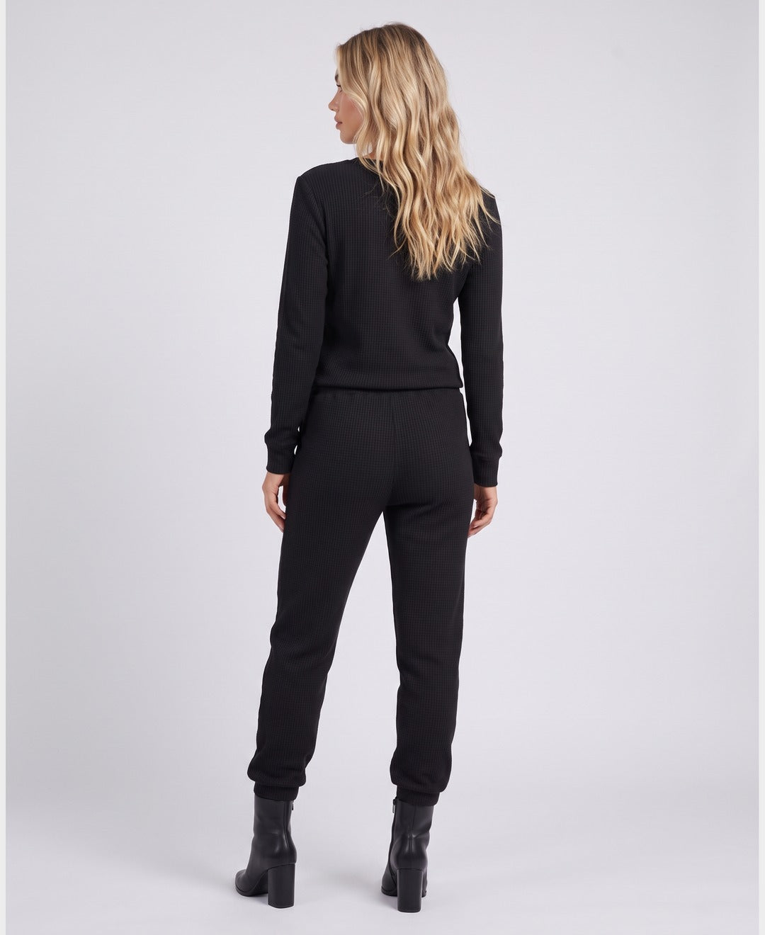 Brenda Waffle Henley Set in Black, back view