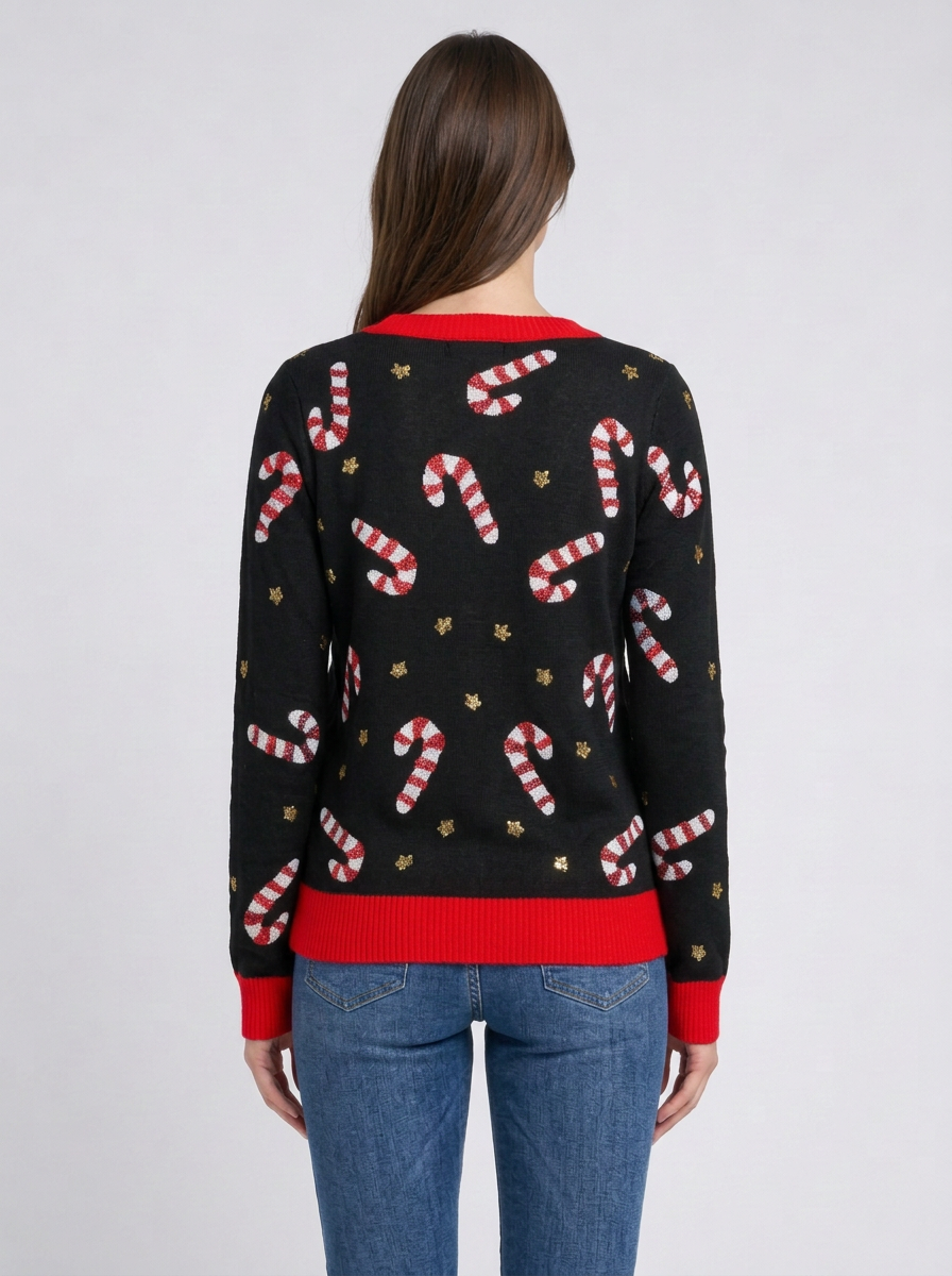 Candy Cane Button-Front Christmas Cardigan, black, back view