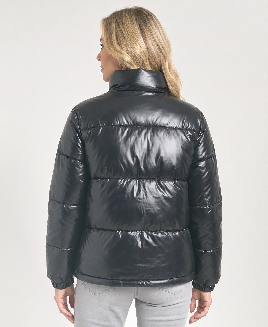 Glossy Metallic Puffer Jacket Stand Collar Zip Front black back view