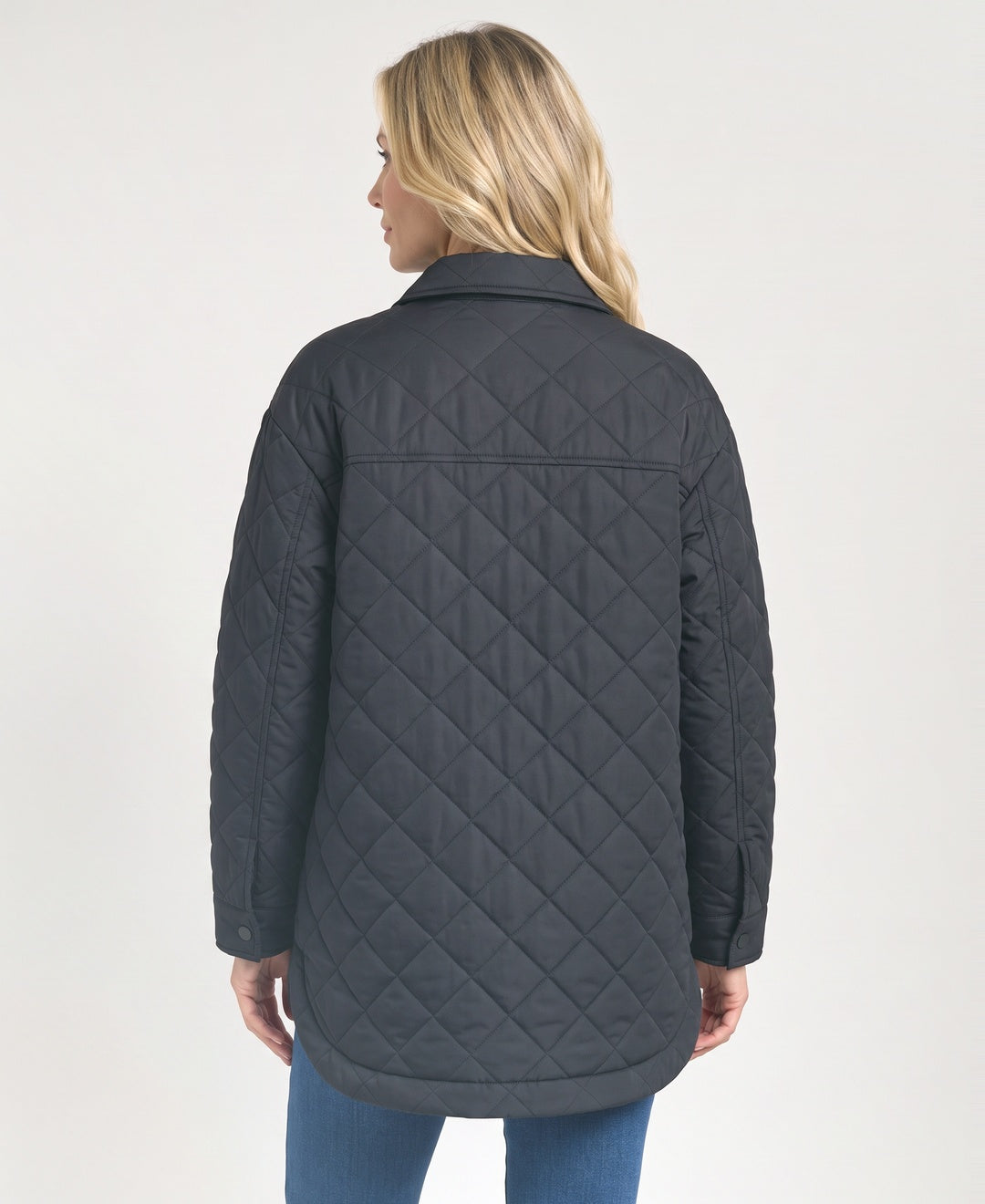 Oversized Quilted Shirt Jacket Snap Front Flap Pockets black back view