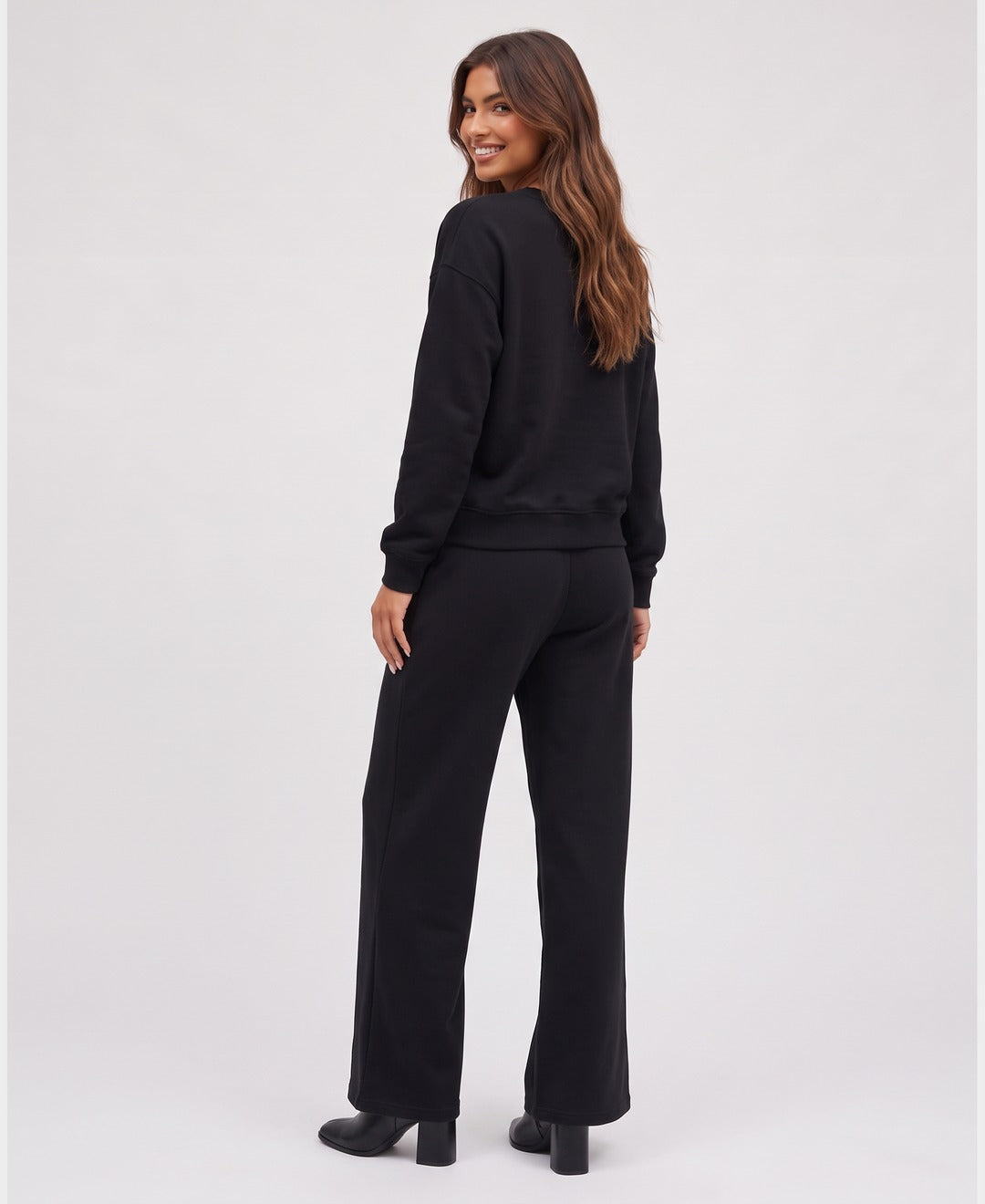 Senna Crewneck Lounge Set in Black, back view