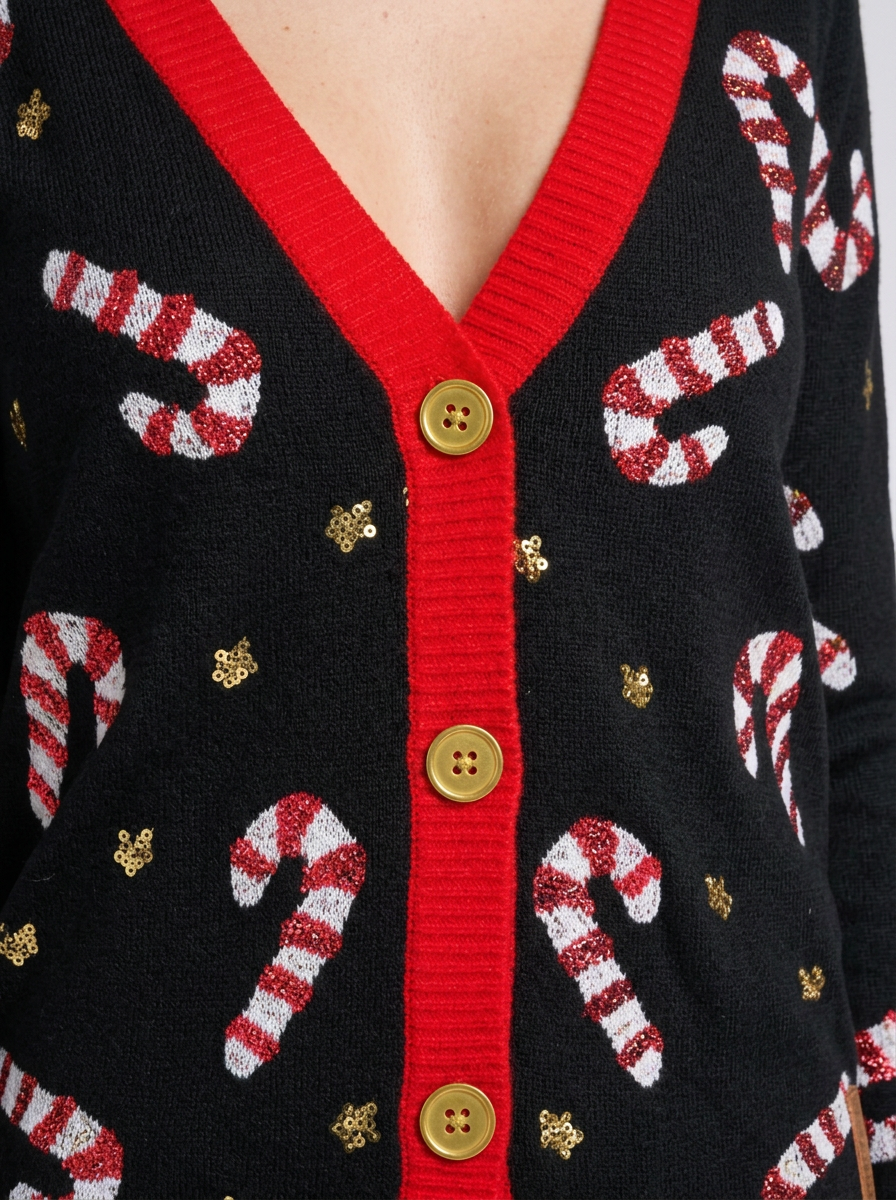 Candy Cane Button-Front Christmas Cardigan, black, close-up