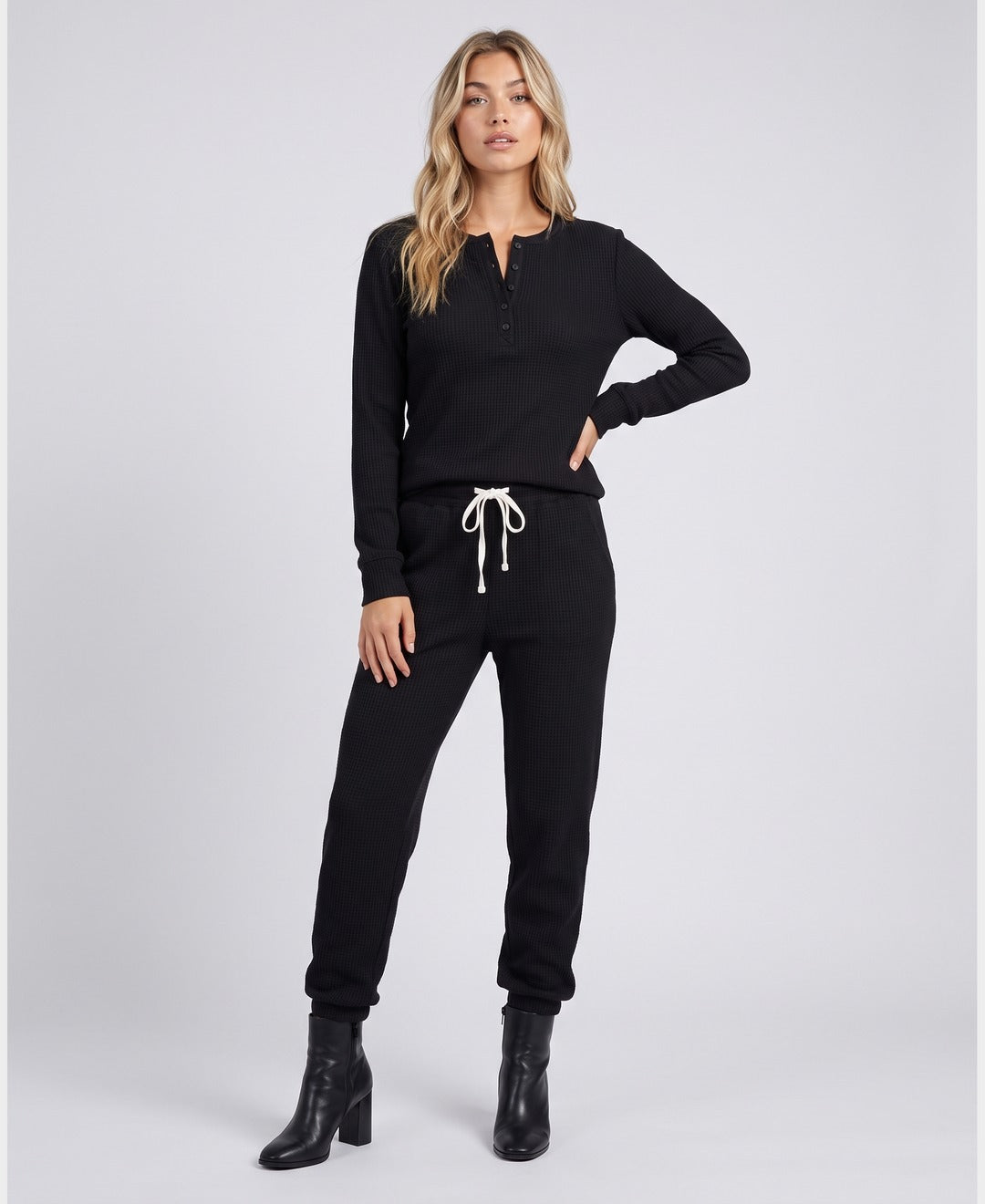 Brenda Waffle Henley Set in Black, front view