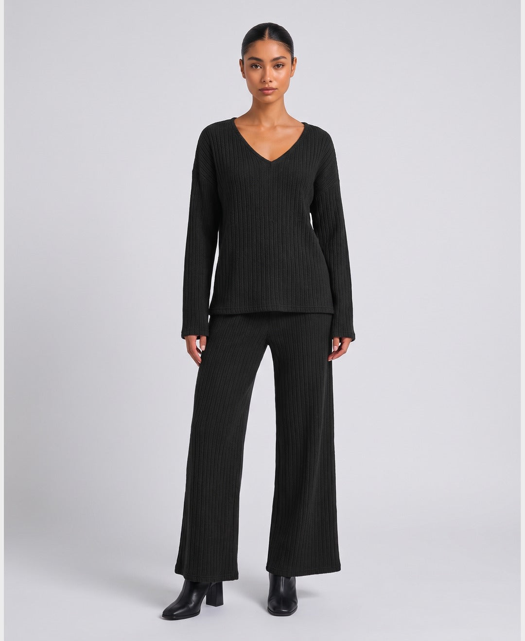 Elise Ribbed Knit Set in Black, front view