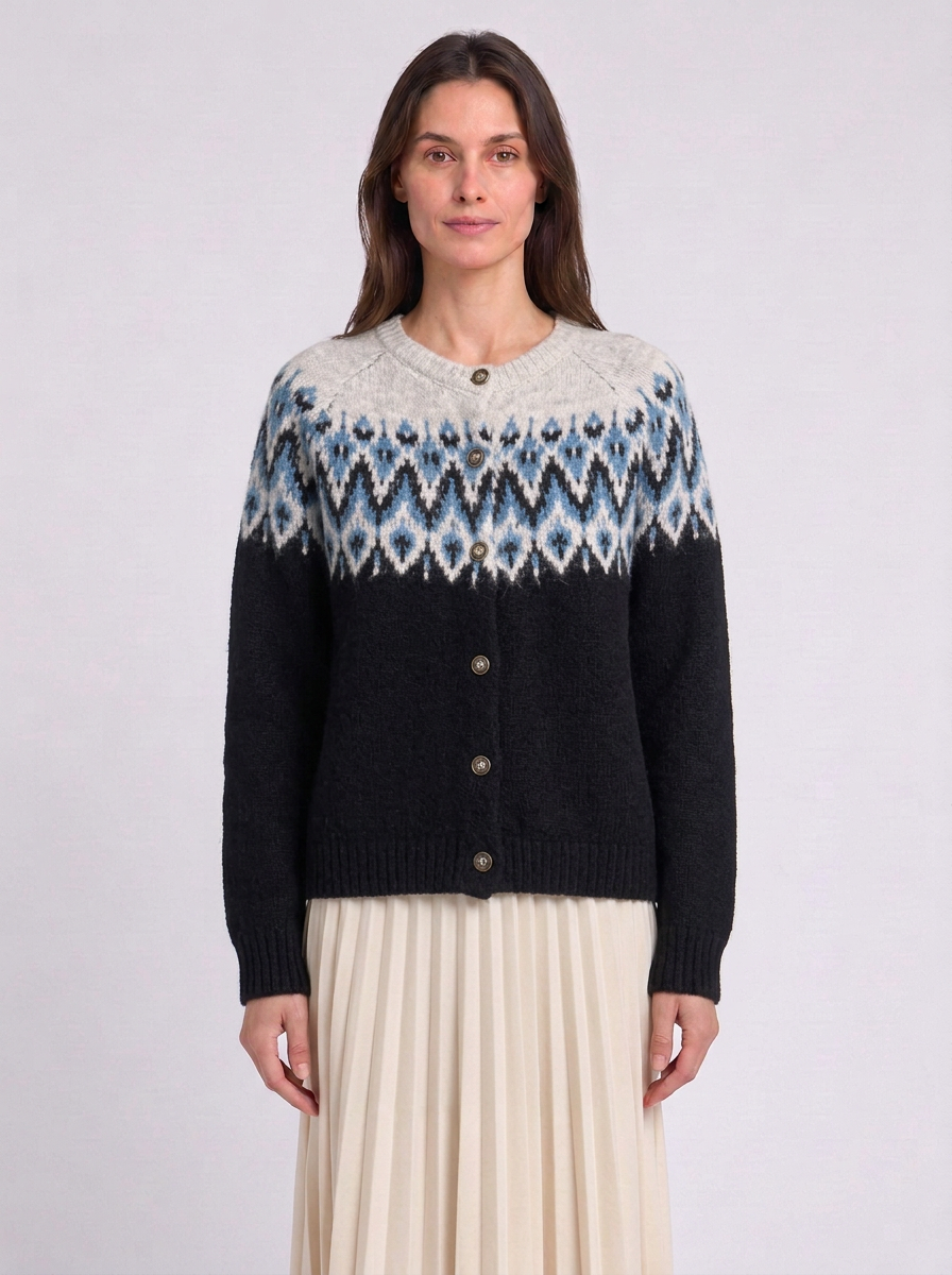 Fair Isle Yoke Round Neck Button Cardigan, black Fair Isle cardigan, front view
