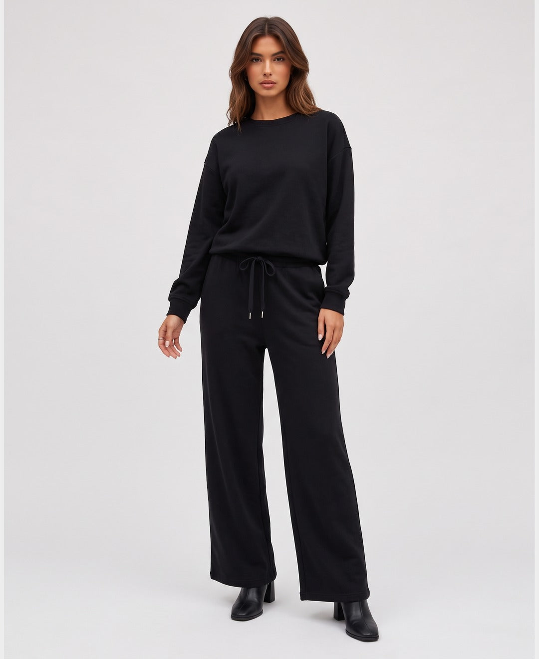 Senna Crewneck Lounge Set in Black, front view