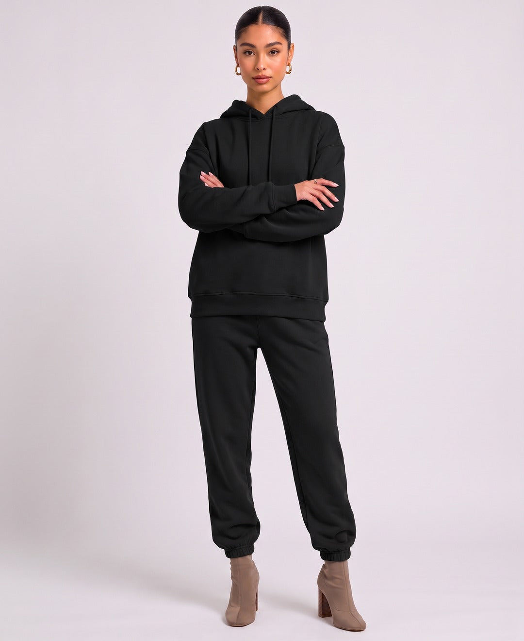 Esme Hoodie Jogger Set in Black, front view