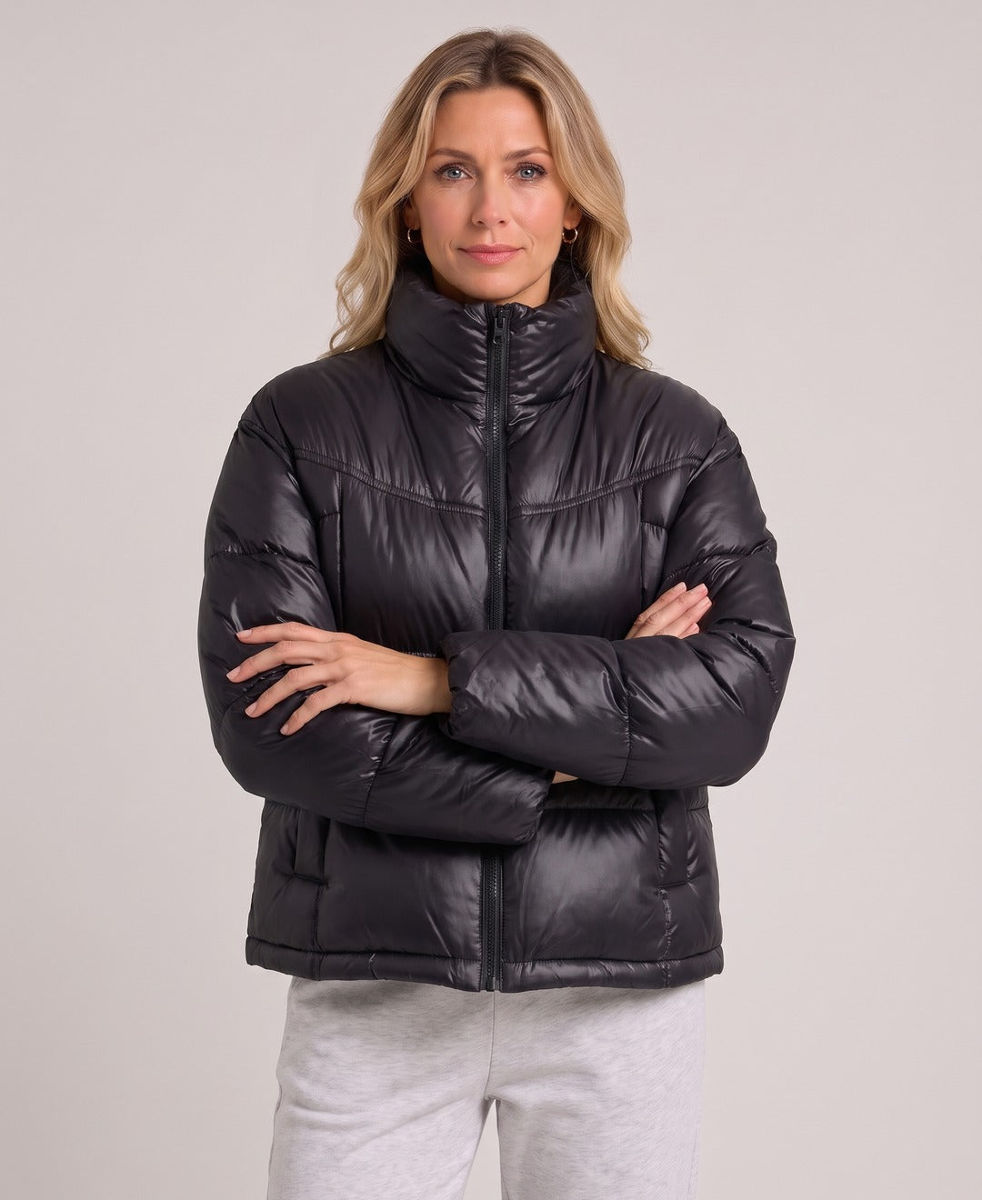 Women's Short Puffer Jacket Stand Collar Zip Front Drawstring Hem in Black, front view
