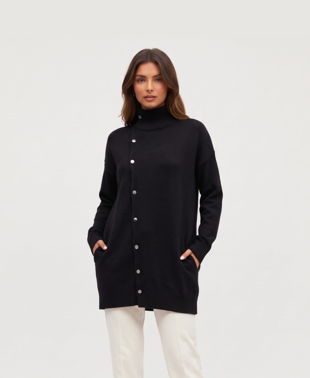 Women's longline roll neck jumper with asymmetric buttons in black, front view