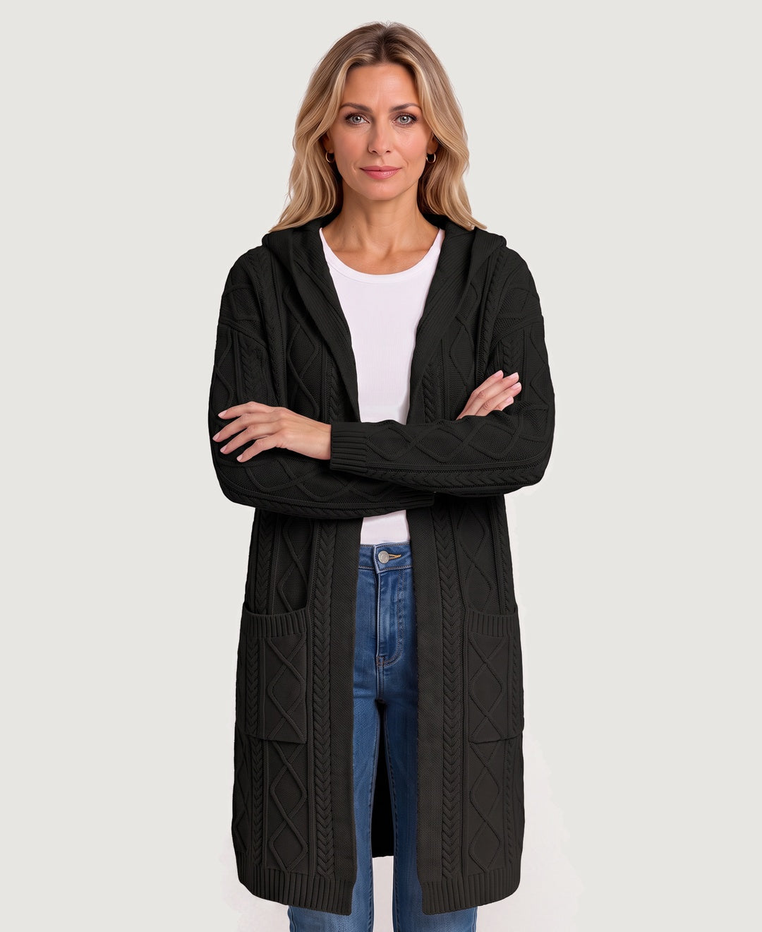 Long Hooded Cable Knit Cardigan Coat black front view