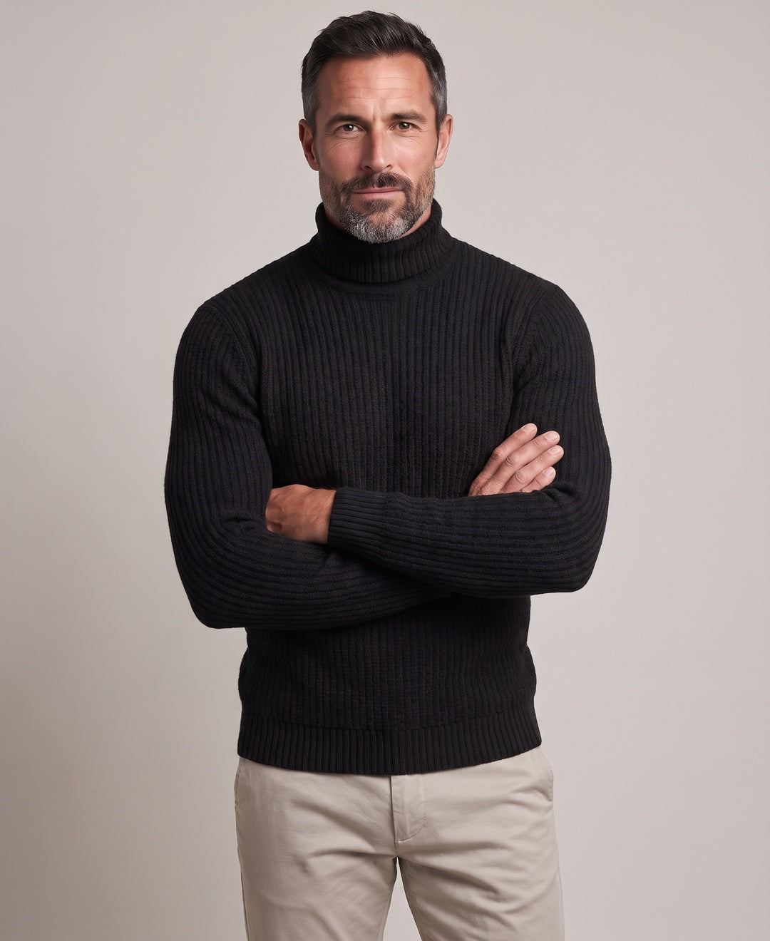 Men's black roll neck jumper, front view