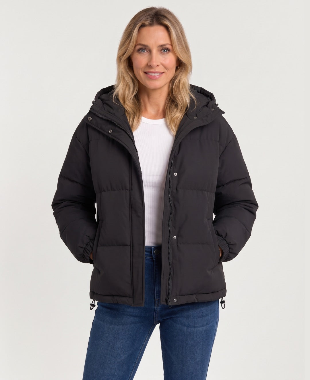 Women's short hooded puffer jacket black front view