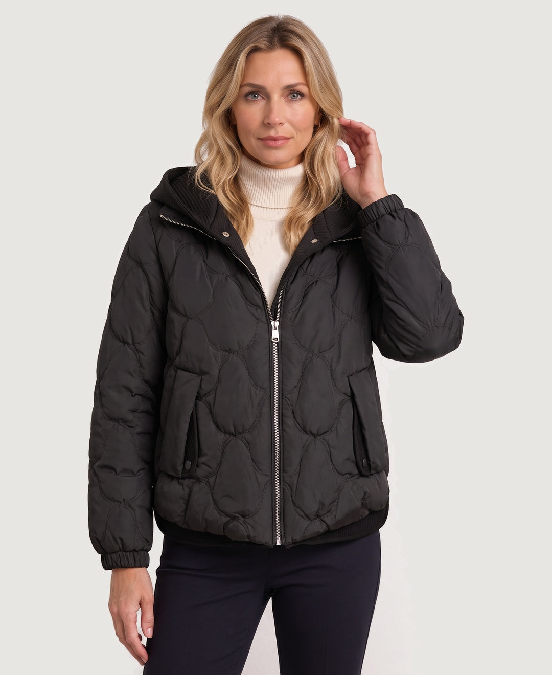 Short Quilted Puffer Jacket Knit Hood black front view