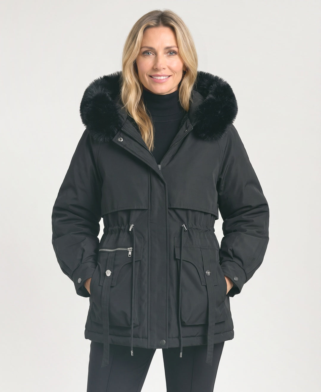 Short Hooded Parka Faux Fur Trim Drawstring Waist black front view