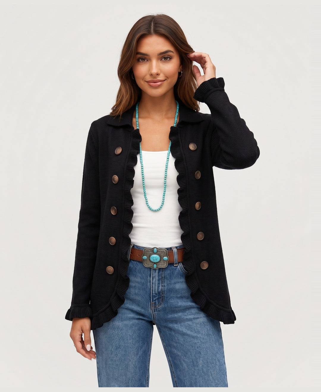 Women's collared ruffle trim knit cardigan with double buttons in black, front view