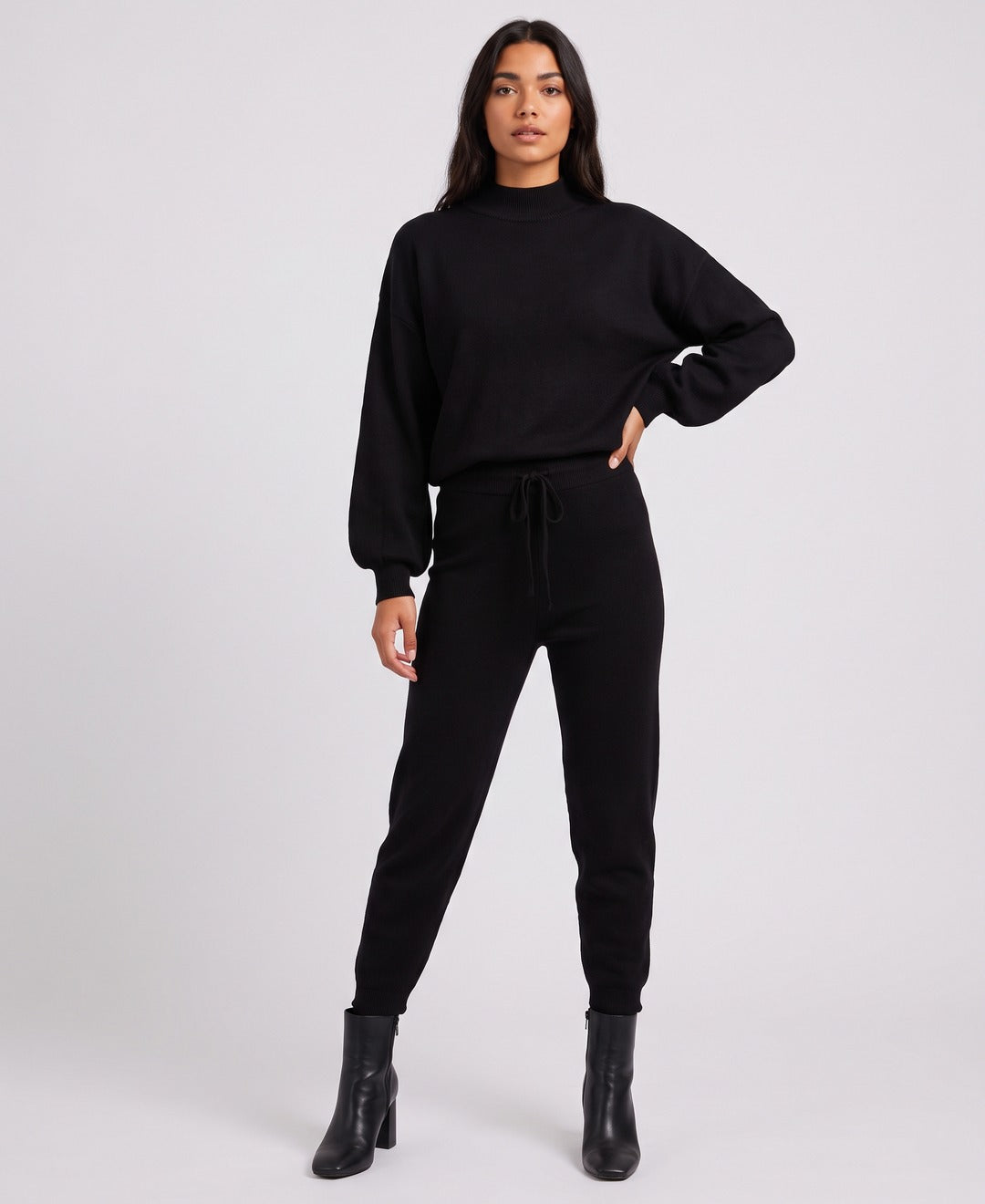 Carys Mock Neck Set in Black, front view