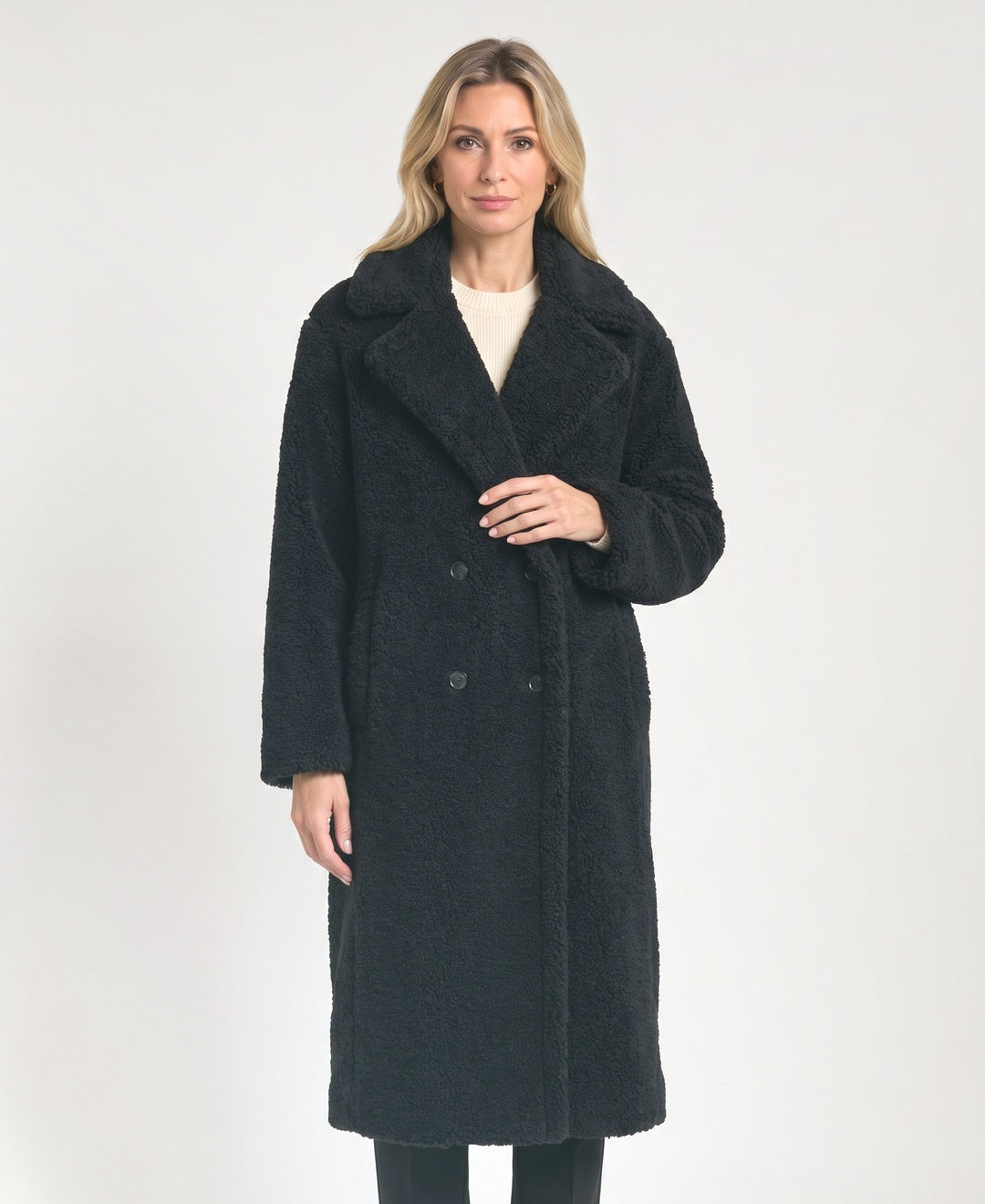 Long Double Breasted Teddy Coat Notch Lapels black front view